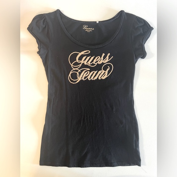 GUESS Jeans Gold Sequins Top Sz M Womens Black Tee Shirt Logo - Picture 1 of 5
